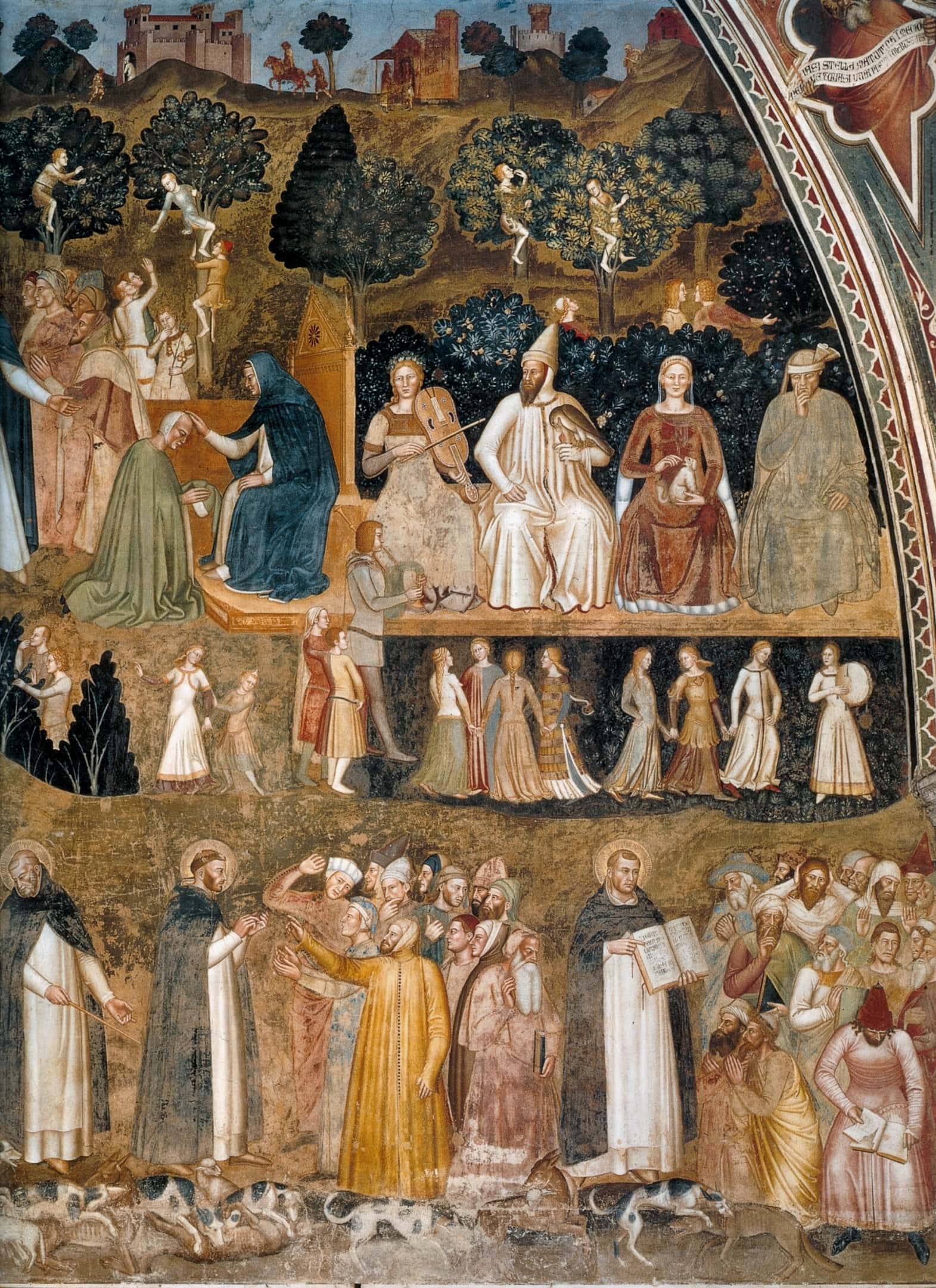 Boj Katoliške cerkve s pomočjo dominikanske inkvizicije proti Katarom v zgodnjem srednjem veku – upodobljen na freski "Vojskujoča in zmagoslavna Cerkev", ki jo je Andrea di Bonaiuto upodobil v Španski kapeli bazilike Santa Maria Novella v Firencah.