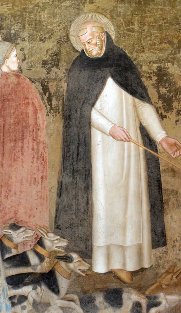 Duhovnik s "svetniškim sijem" spodbuja dominikanske inkvizitorje, upodobljene kot domini canes, "božji psi".