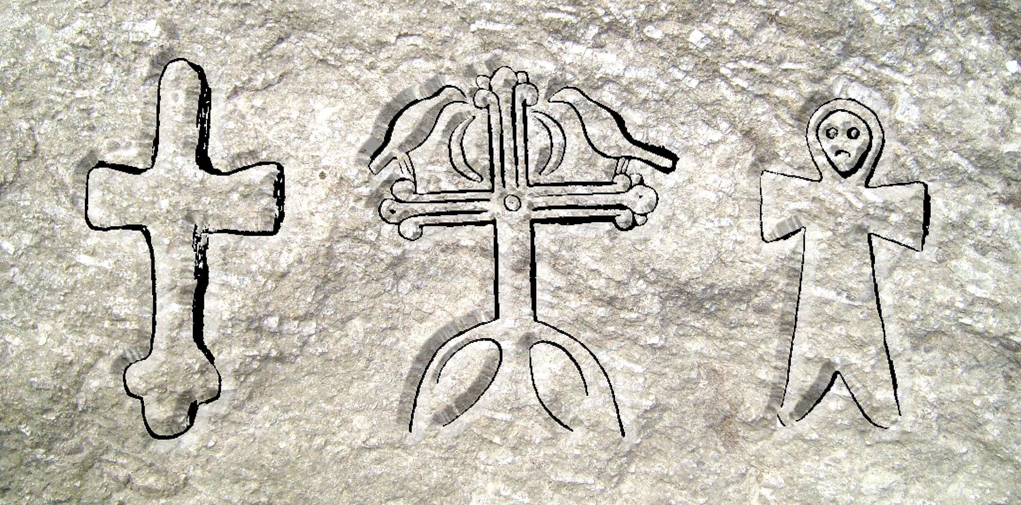 Izbrani simboli križa na stečkih: preprost križ brez korpusa v Čerinu, Mostar - stiliziran svetlobni križ s pticami in polmeseci v Bijeli Rudini, Bileća – antropomorfni križ v Milavićih, Stolac
