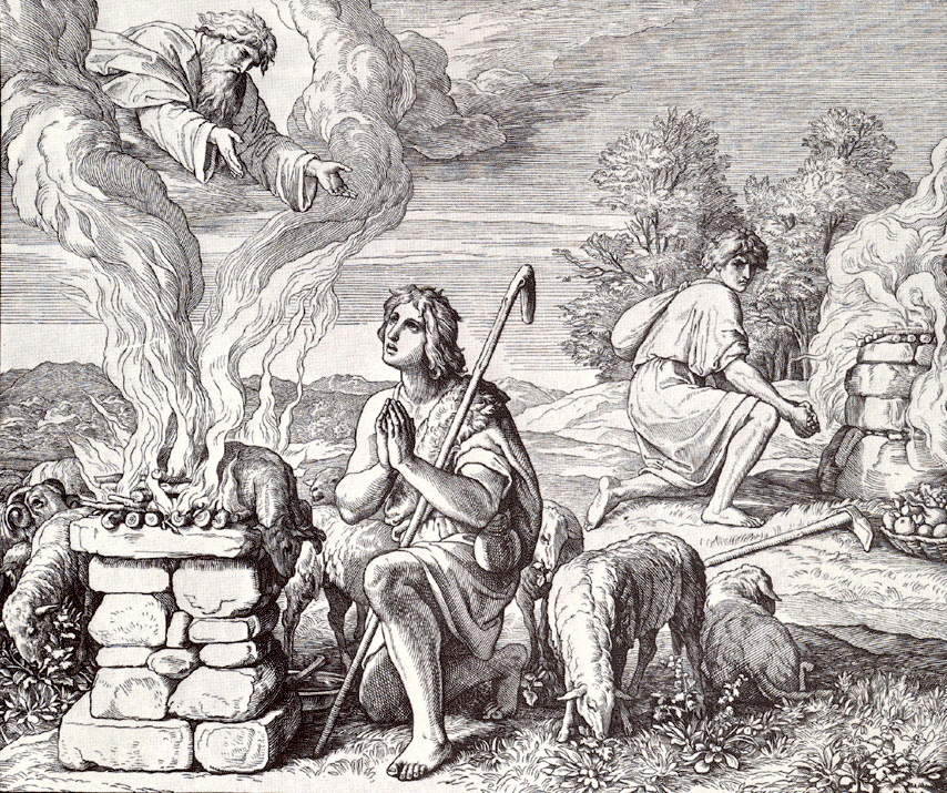 Prizor iz Stare zaveze Svetega pisma: Kajn in Abel zažgeta jagnje kot živalsko žrtev